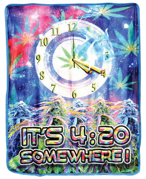 Colorful 'It's 4:20 Somewhere' fleece blanket with psychedelic design, 50" x 60", by Nu Trendz.