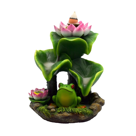 Fantasy Enchanted Backflow Incense Burner featuring Frog and Lily Pad, ideal for meditation spaces