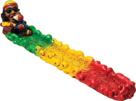 Rasta-colored Jamaican Leaf Polyresin Incense Holder, 10.5" long, angled view