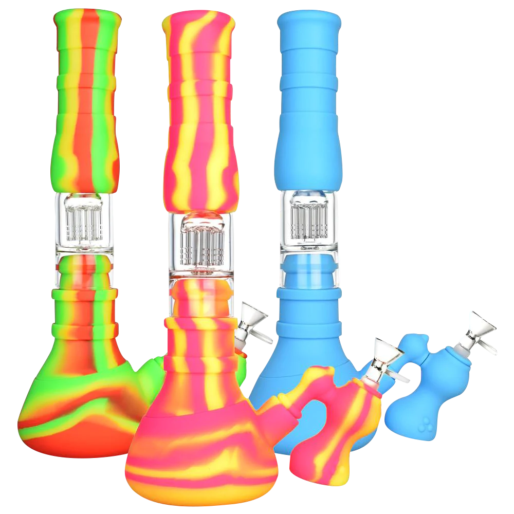 Assorted colors Jellyfish 3-in-1 Silicone Beaker Bongs with Ashcatcher in a front view