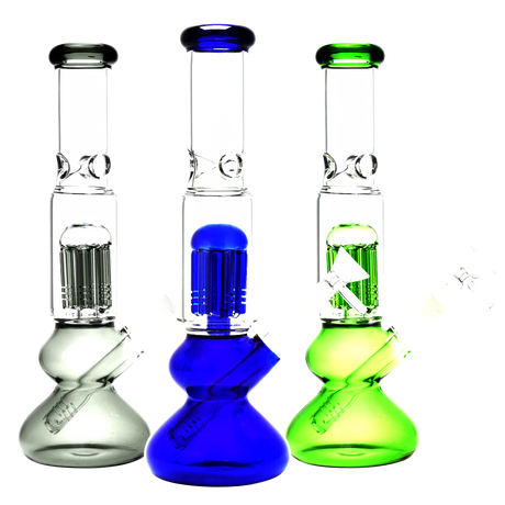 Trio of Jellyfish Bauble Water Pipes in clear, blue, and green, with percolators and angled joints