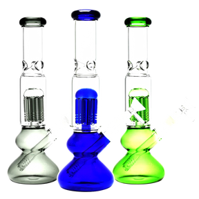 Trio of Jellyfish Bauble Water Pipes in clear, blue, and green, with percolators and angled joints