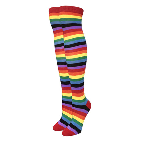 Julietta Rainbow Over the Knee Socks in vibrant stripes, one size fits all, front view on white background