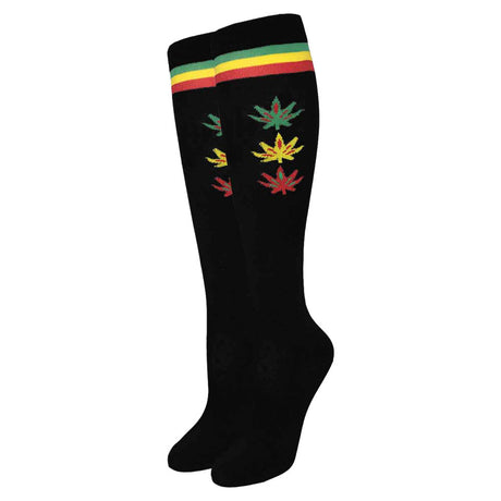 Julietta Rasta Leaves & Stripes Knee High Socks, Unisex Cotton Apparel, Front View
