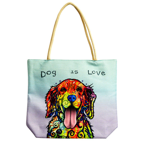 Colorful 'Dog is Love' print on Jute Rope Handled Tote Bag, size 16"x15"x5", front view on white background