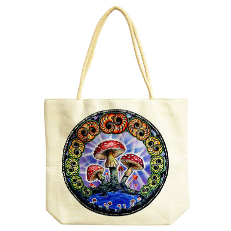 Cotton Jute Rope Handled Tote Bag with Colorful Mushroom Design - Front View