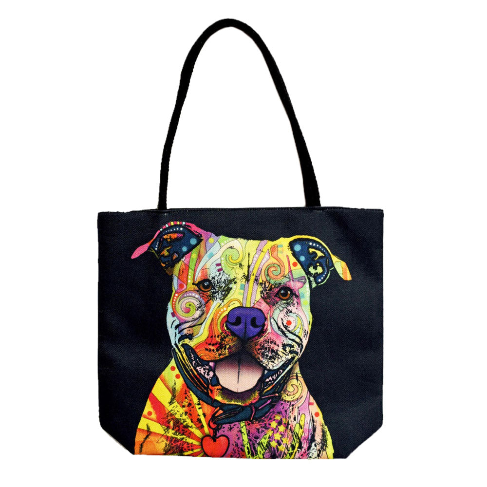 Trippy Pittie Jute Rope Handled Tote Bag with colorful psychedelic dog print - Front View