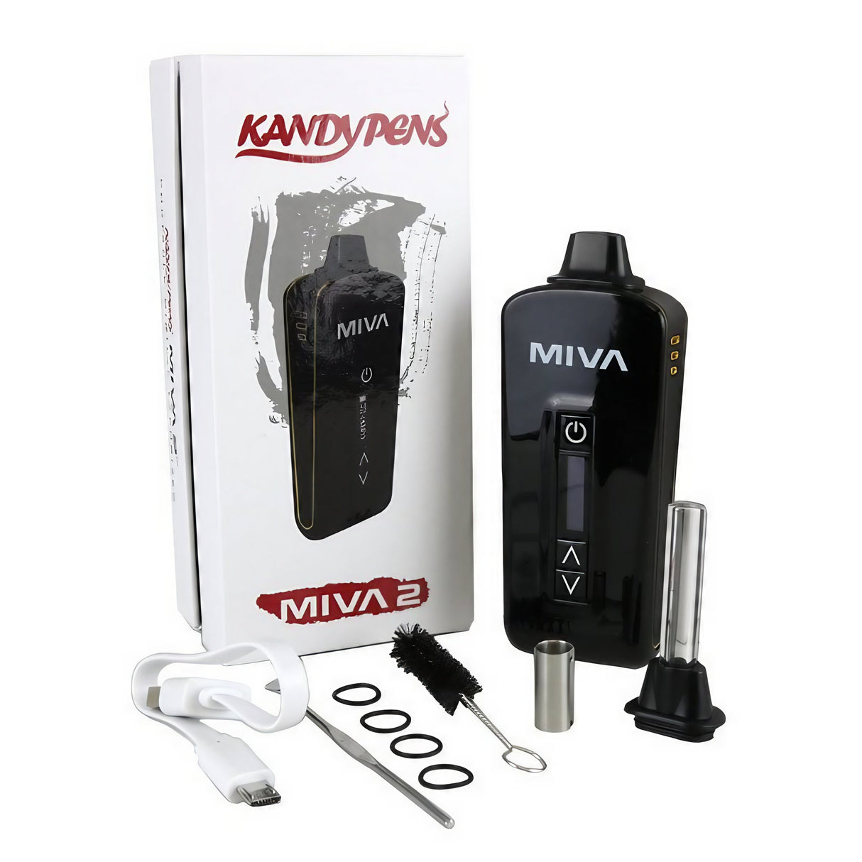 KandyPens MIVA 2 Vaporizer with accessories and packaging, front view on white background
