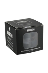 Kannastor 2.5" Black 4-Piece Aluminum Grinder with Easy-Change Screen, Front Box View