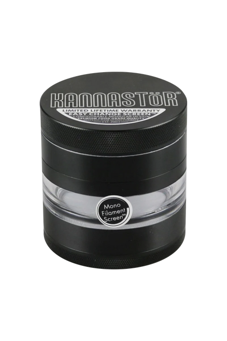 Kannastor 2.5" Black 4-Piece Aluminum Grinder with Monofilament EZ Screen, Front View