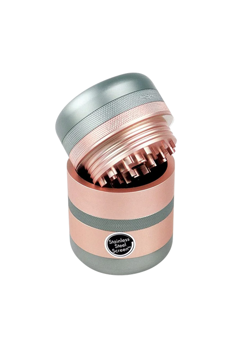 Kannastor GR8TR V2 Grinder in Rose Gold, 2.2" Solid Body, Stainless Steel Screen, Front View