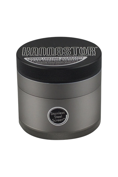 Kannastor Multi Chamber 4 Piece Grinder in Gunmetal, Front View with Stainless Steel Screen