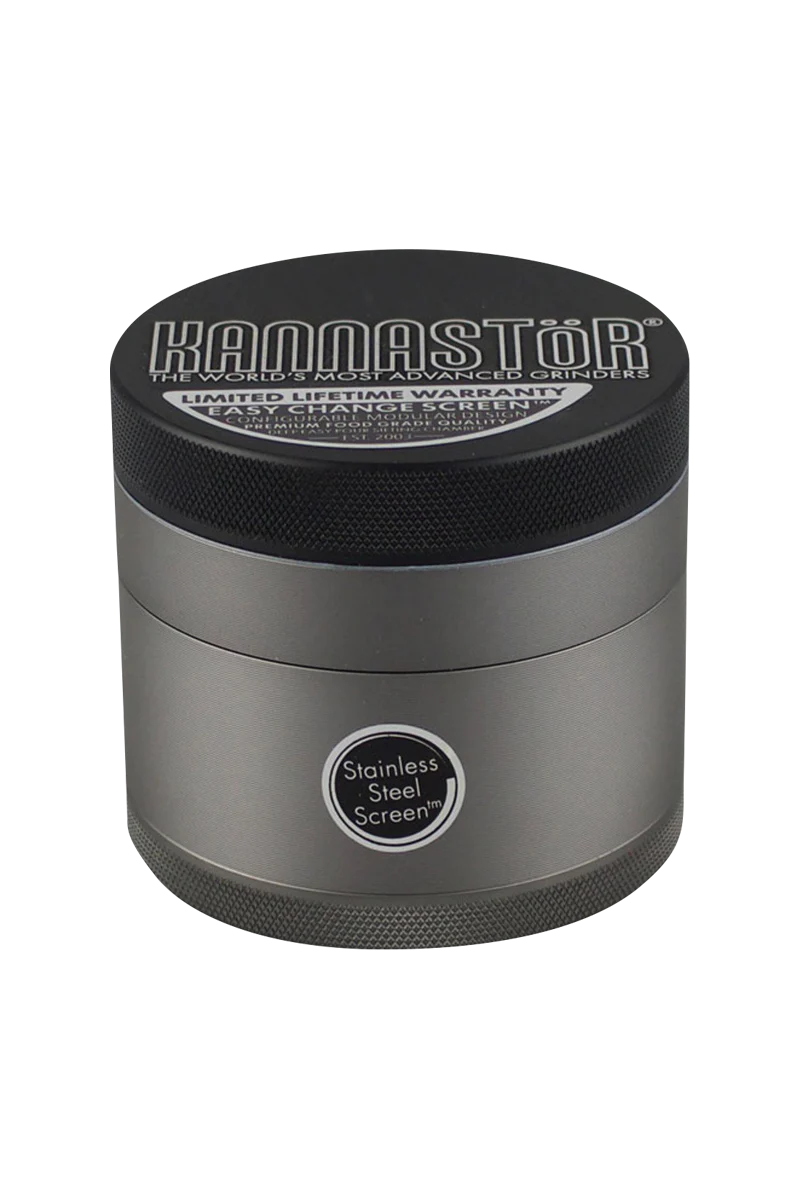 Kannastor Multi Chamber 4 Piece Grinder in Gunmetal, Front View with Stainless Steel Screen