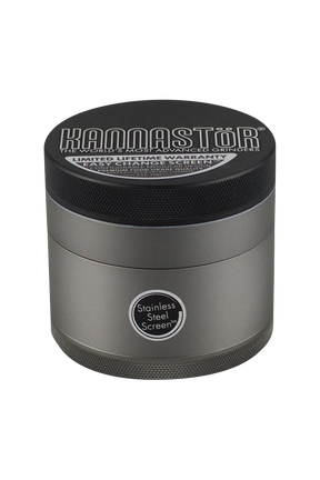 Kannastor Multi Chamber 4 Piece Grinder in Gunmetal, Front View with Stainless Steel Screen