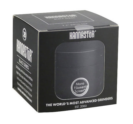 Kannastor Multi Chamber Grinder in packaging, highlighting the Mono Filament Screen feature