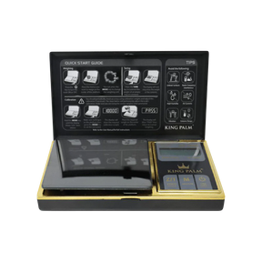 King Palm Gold-Plated Black Digital Mini Scale with 0.01 accuracy, battery-powered, pocket-size, front view