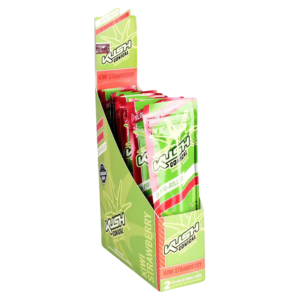 Kush Pre-Rolled Conical Herbal Wraps Kiwi Strawberry flavor, 15 Pack display box