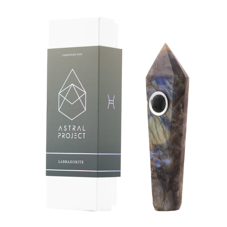 Astral Project Labradorite Hand Pipe front view beside packaging, for energy balance
