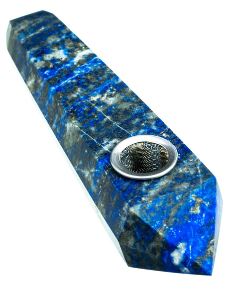 Lapis Lazuli Quartz Crystal Pipe - 4" Compact Design for Dry Herbs, Angled Side View