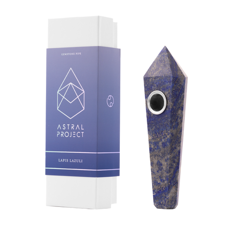 Astral Project Lapis Lazuli Hand Pipe - Right Side View with Box for Energy Healing