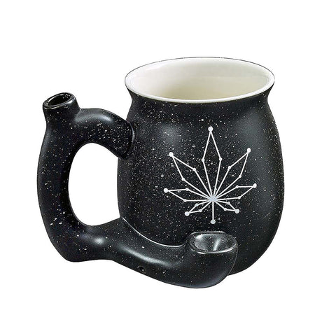 11oz ceramic pipe mug with leaf constellation design, hemp material, front view on white background