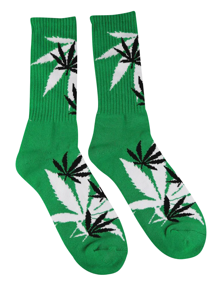 Leaf Republic Weed Socks in green with white cannabis leaf design, front view on white background