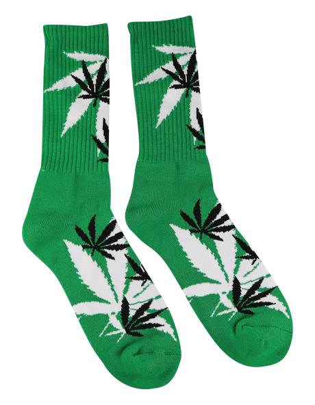 Leaf Republic Weed Socks in green with white cannabis leaf design, front view on white background