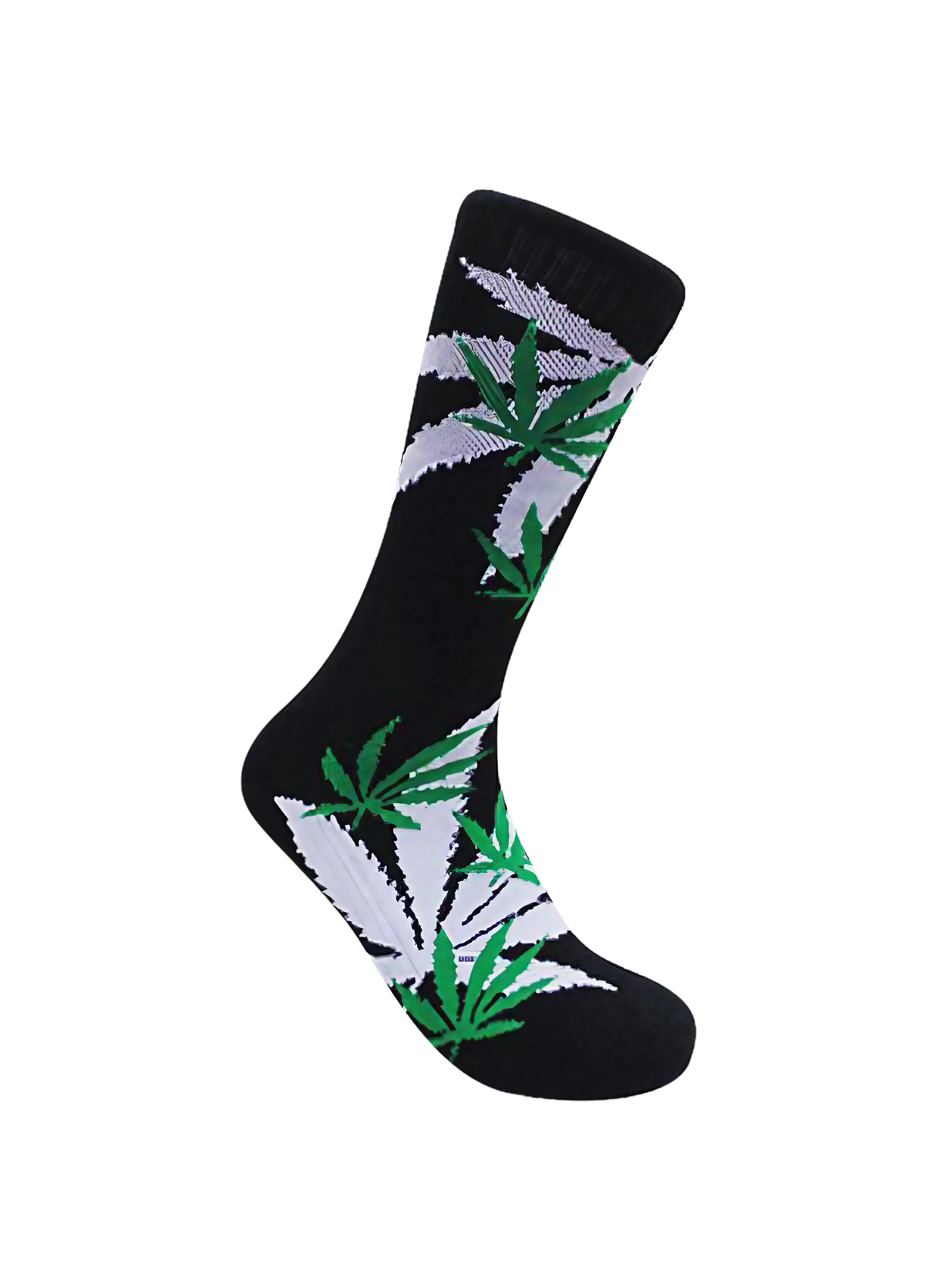Leaf Republic black weed socks with green and white cannabis leaf design, side view