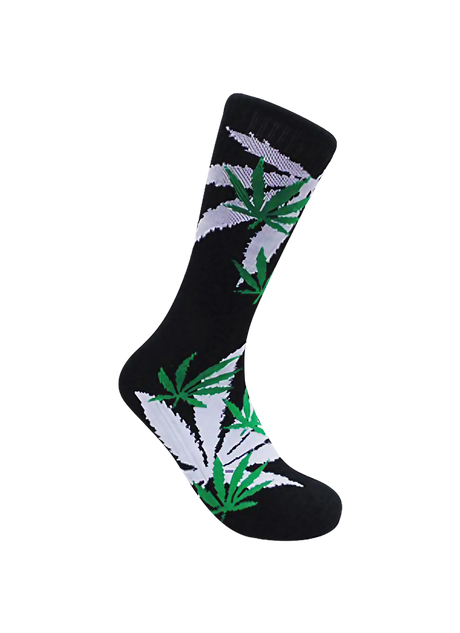 Leaf Republic black weed socks with green and white cannabis leaf design, side view