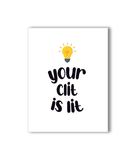 KKARDS Lit Clit Card with bold lettering and lightbulb graphic, front view on white background