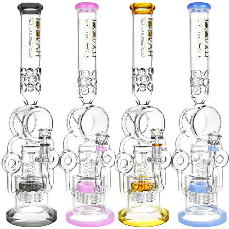 Lookah Glass 4th Dimension Recycler Bongs in various colors, front view, with percolator design