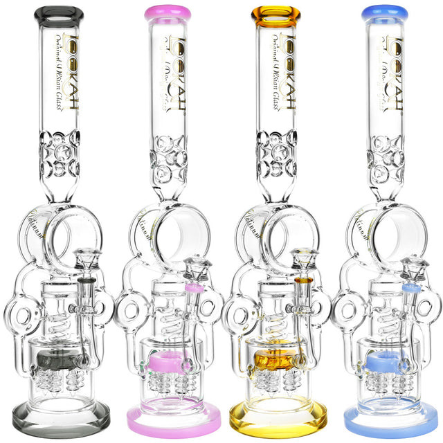 Lookah Glass 4th Dimension Recycler Bongs in various colors, front view, with percolator design