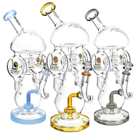 Lookah Glass Aroma Dome Water Pipes in blue, yellow, and clear variants, front view on white background