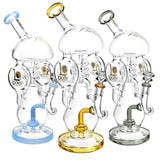 Lookah Glass Aroma Dome Water Pipes in blue, yellow, and clear variants, front view on white background