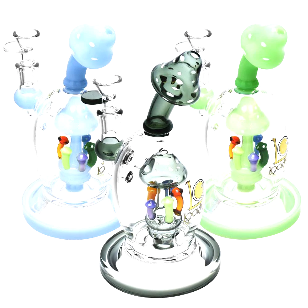 Lookah Glass Crazy Mushrooms Water Pipe with colorful accents and heavy wall design.
