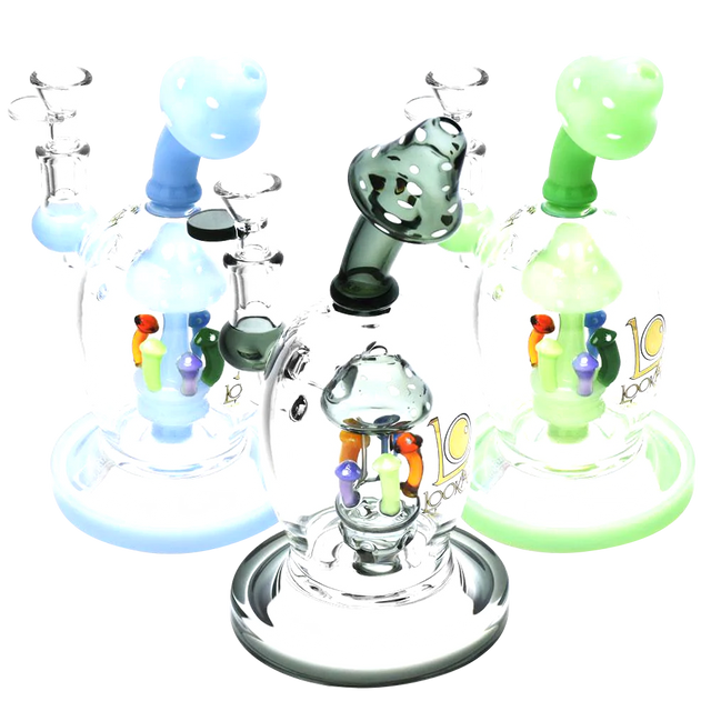 Lookah Glass Crazy Mushrooms Water Pipe with colorful accents and heavy wall design.