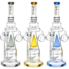 Lookah Glass Illuminate Water Pipes in green, yellow, and blue variants, front view on white background