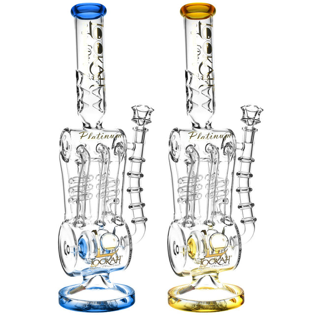 Lookah Glass Steam Engine Water Pipes with recycler design in blue and yellow accents, 17.25" tall, front view