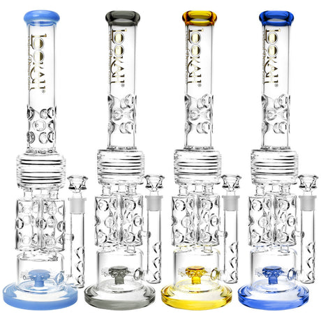 Lookah Glass Tower Of Power Water Pipes in various colors with 90-degree joint angle, front view