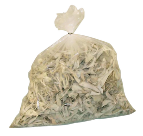 1lb bag of loose natural sage, transparent packaging, front view, ideal for home incense use