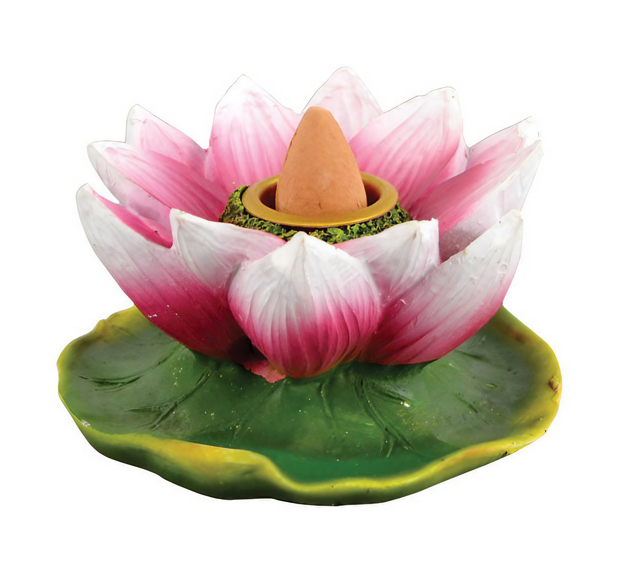 Polyresin Lotus Flower Backflow Incense Burner, Pink Petals on Leaf Base, Top View