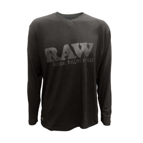 RAW Long Sleeve Black Shirt with V-Neck, Iconic Logo, Front View on White Background