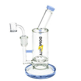 Lycan Turbine Perc Dab Rig by Dopezilla with blue accents, 90-degree joint, front view on white