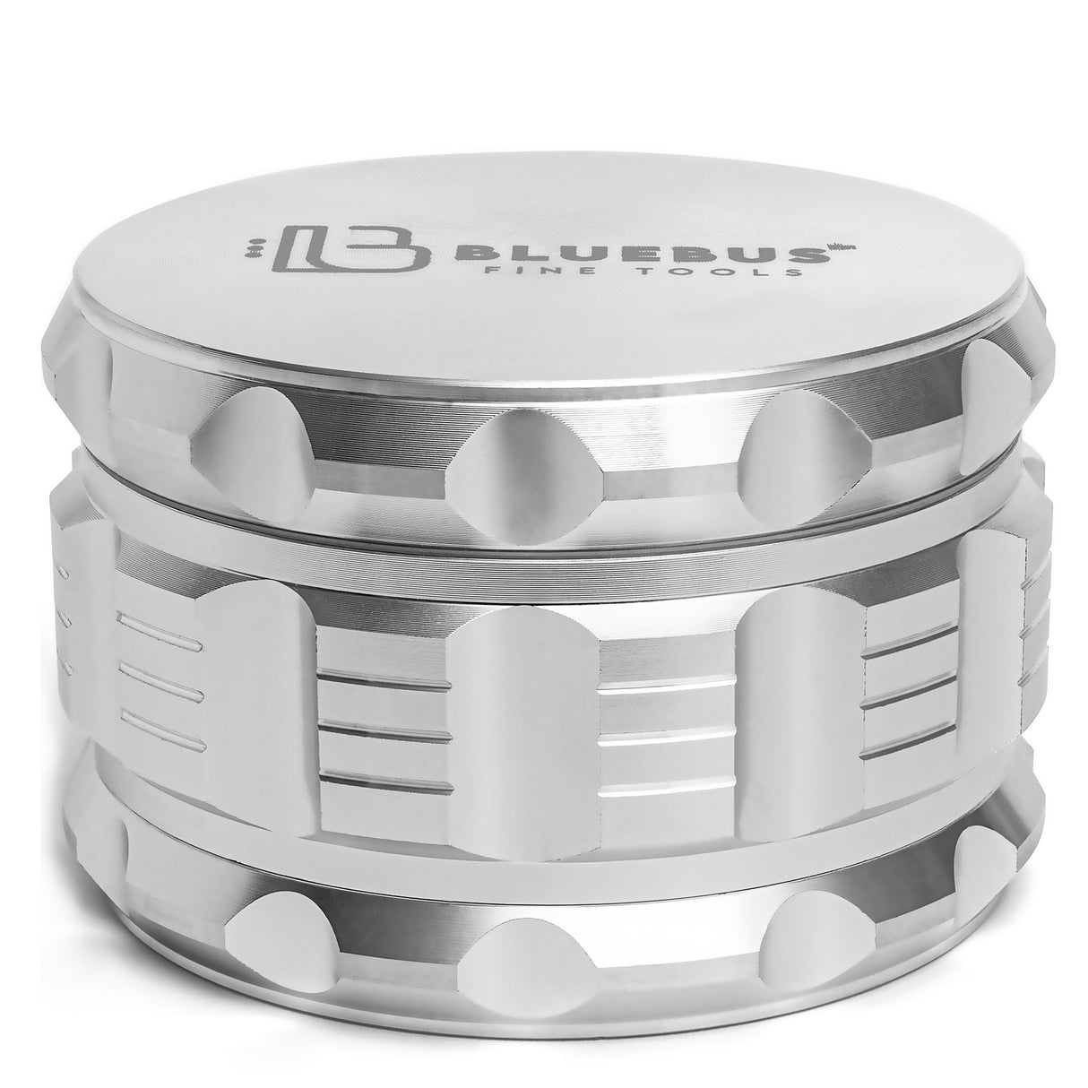 GA Aluminum Grinder by Blue Bus Fine Tools in Silver, 4-Part Design, Front View