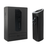 Cartisan Tac Vaporizer in black with packaging, front view, compact design for easy travel