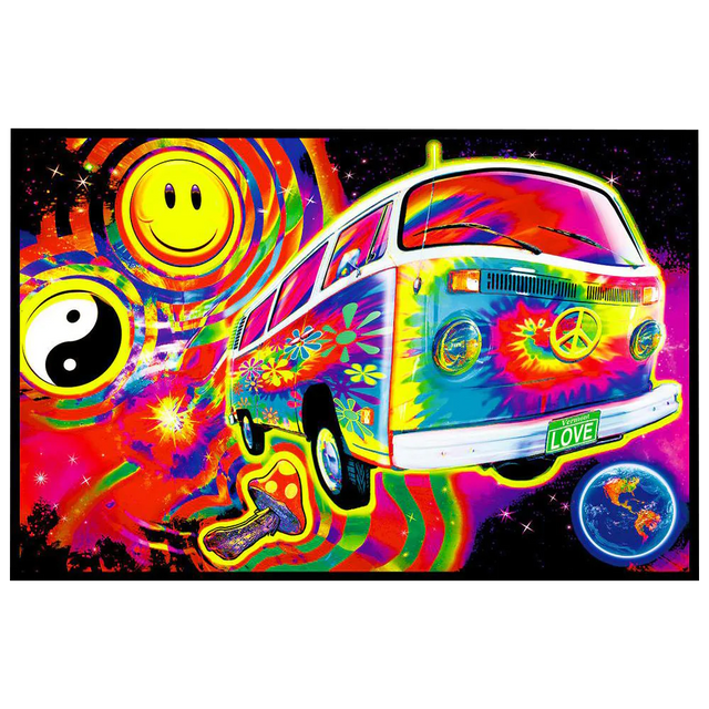 Magic Bus Non-Flocked Blacklight Poster featuring vibrant neon colors and psychedelic patterns