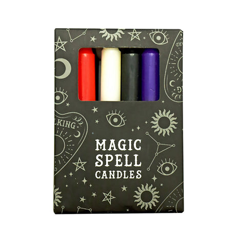 Assorted 4" Magical Spell Candles 12pc Set for Manifesting Dreams, front view on mystical design box