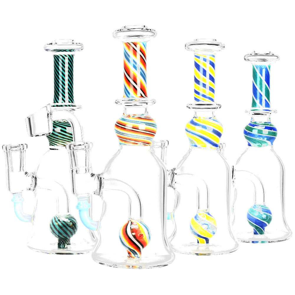 Magician Spiral Stripe Ball Perc Rig line-up with various color accents, 7.5" tall, front view on white background