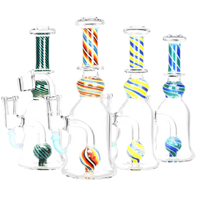 Magician Spiral Stripe Ball Perc Rig line-up with various color accents, 7.5" tall, front view on white background