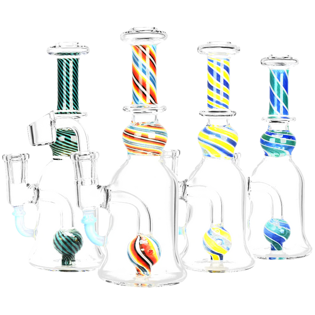 Magician Spiral Stripe Ball Perc Rig line-up with various color accents, 7.5" tall, front view on white background